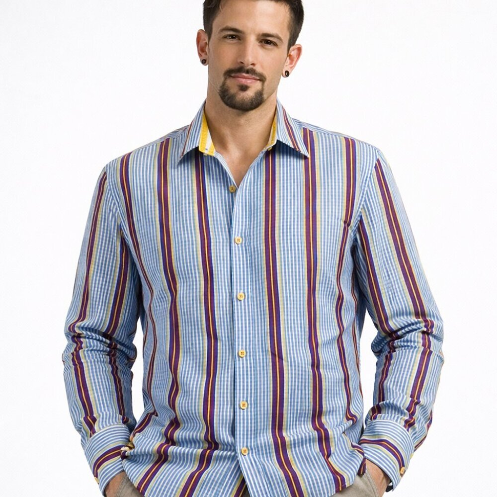 Robert Graham Men’s Blue Purple Striped Button-Down Shirt - Size Large